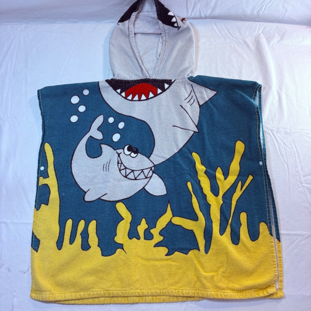 Huntington Home Kids Shark Hooded Towel Poncho Blue Yellow Cotton Wrap 5169